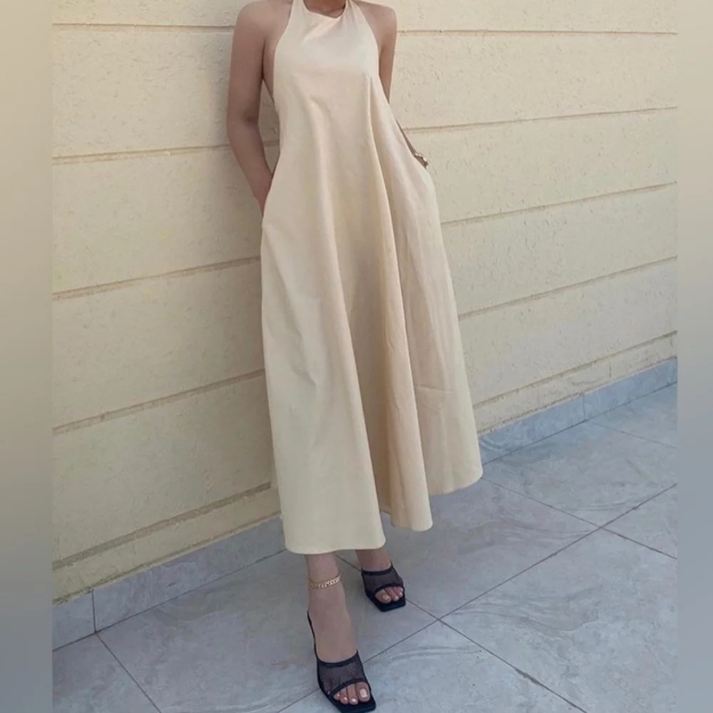 Zara Dress Size M Maxi Halter Dress Cotton- Cream Tan NWT - Picture 7 of 13